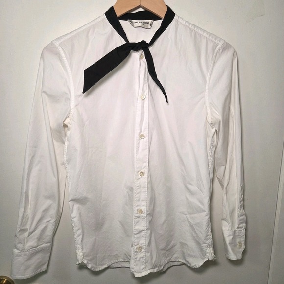 Saint Laurent Tops - Saint Laurent Paris White Cotton Button Up Shirt Black Tie Neck Italy Designer